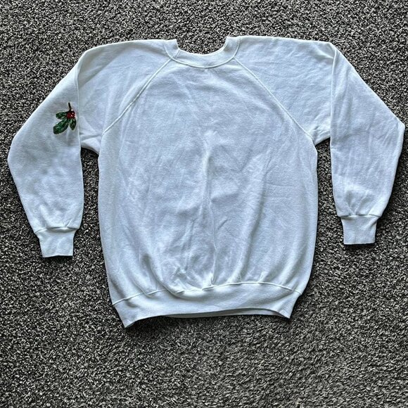 Vintage Hanes Sweater Womens XL White w/Cardinal & Christmas Tree 80s Winter - Picture 5 of 8